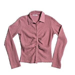 Stradivarius Rose Pink Ruched Button Front Shirt Blouse Size Small Long Sleeve